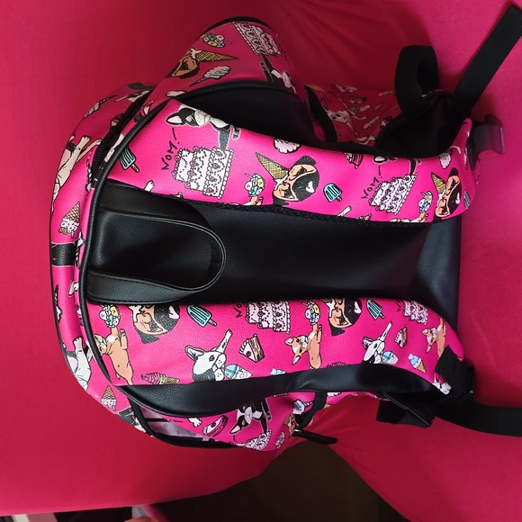 Betsey Johnson French Bulldog Party Backpack Fuschia/Multi Faux Leather Frenchie - Picture 2 of 3